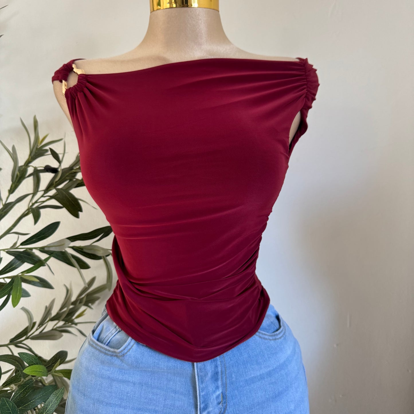 Asymmetrical Top with Gold Detail- Burgundy