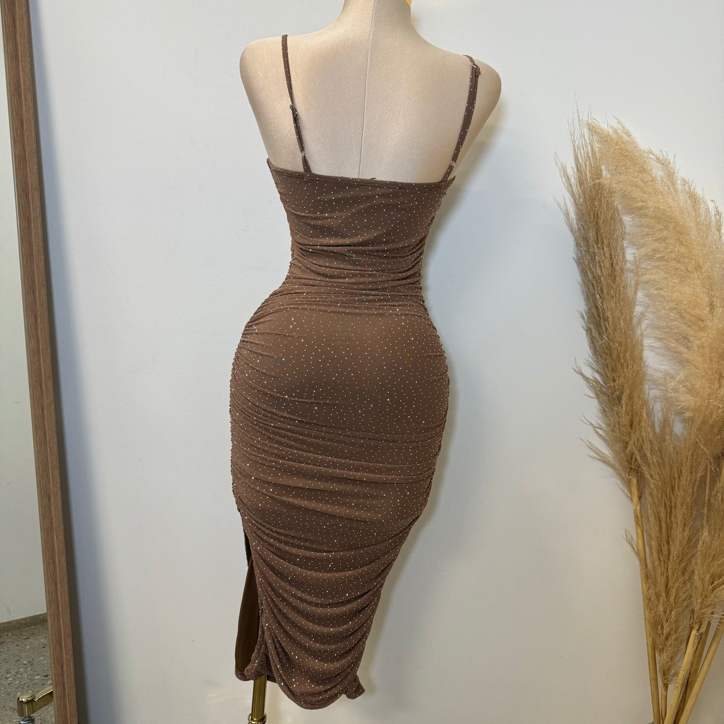 Sol Rhinestone Midi Dress-Brown