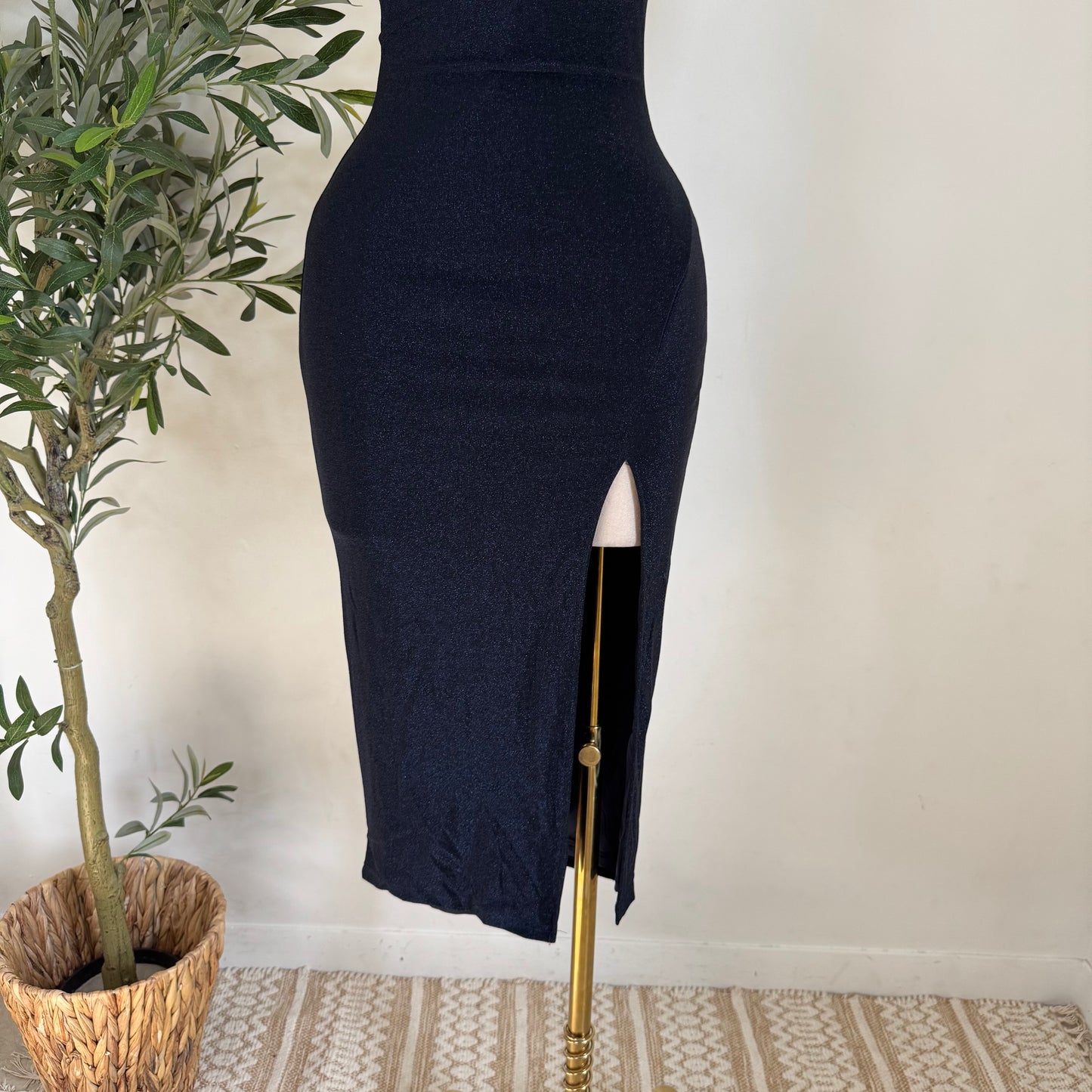 METALLIC LUREX KNIT MIDI DRESS-Navy