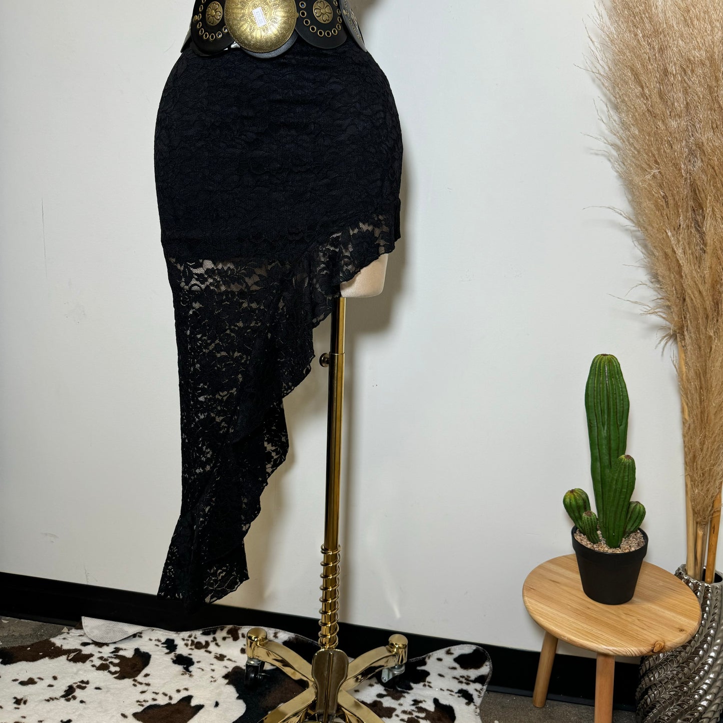 Asymmetrical Lace Maxi Skirt-Black