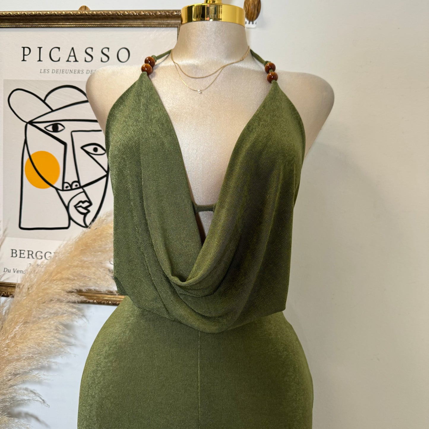 Bead Cowl Neck Halter Jumpsuit-Green