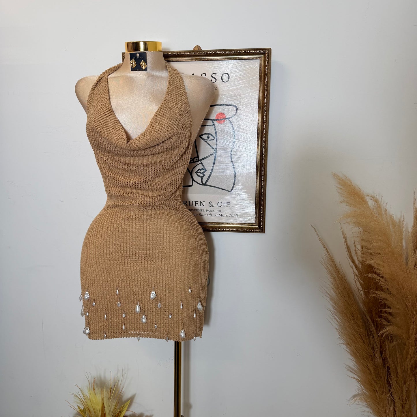 Halter Neck Pearl Embellished Knit Mini Dress-Mocha