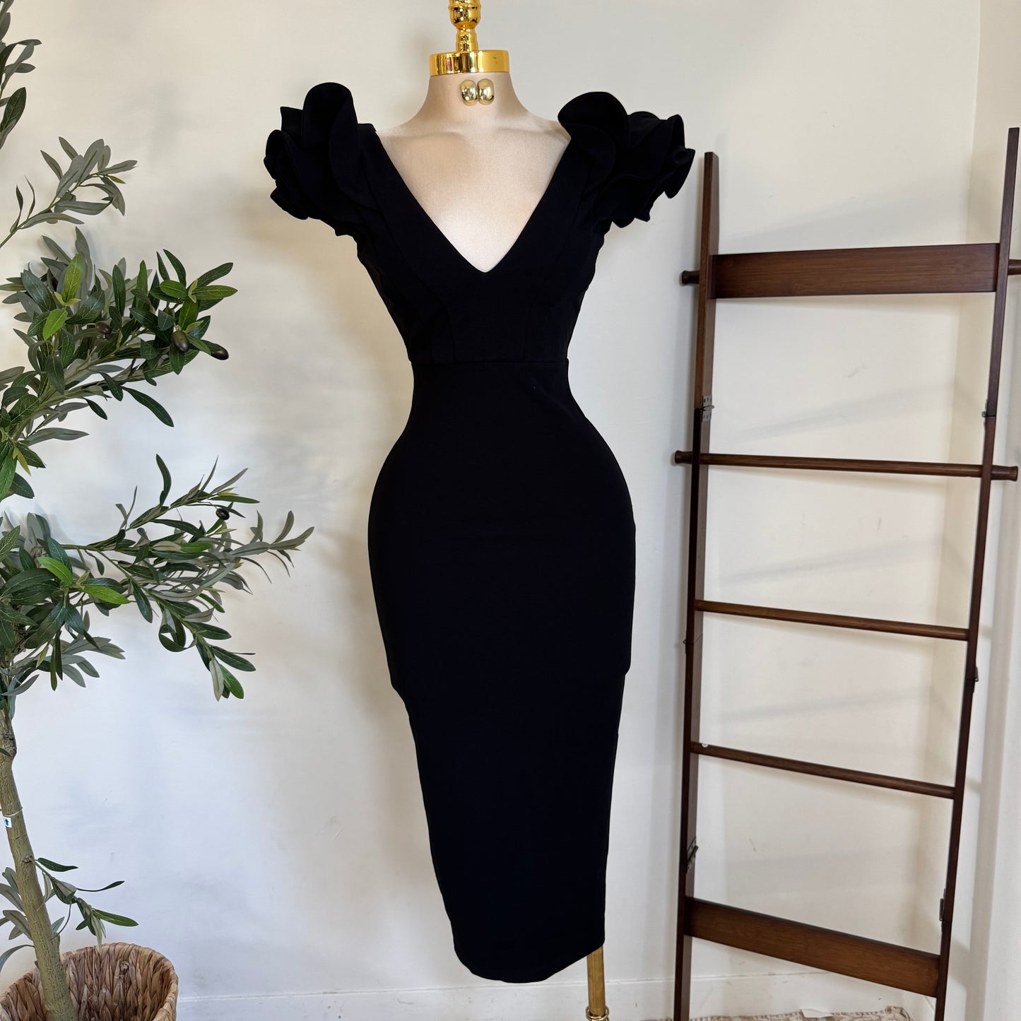 Ruffle Detail Shoulder Midi Dress-Black