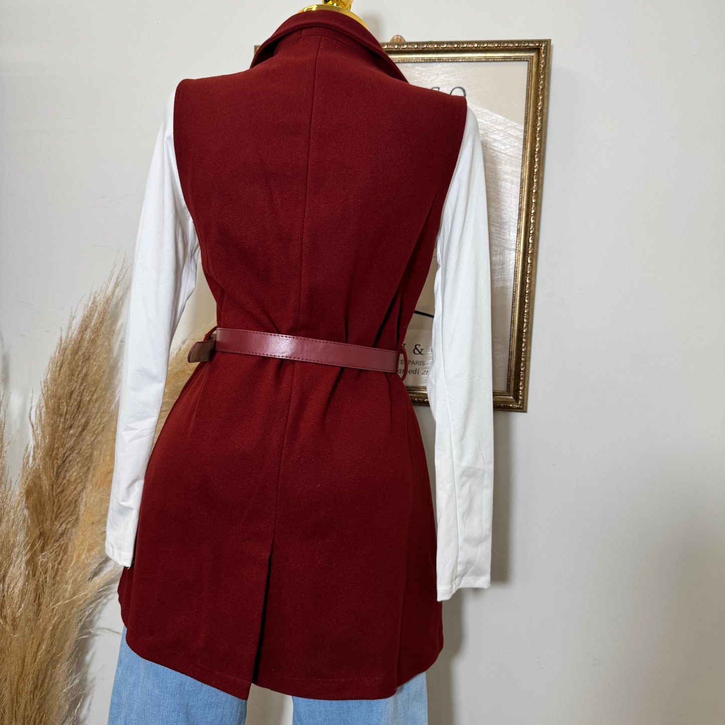 Brush leather Belted Blazer Coat Vest-burgundy