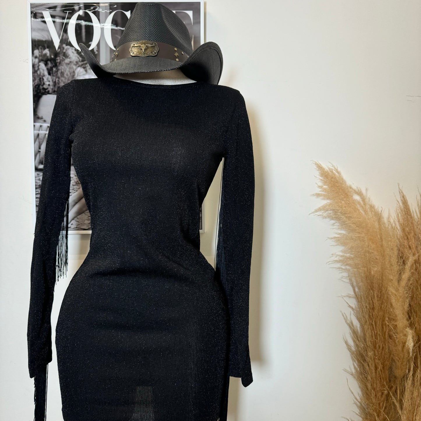 Fringed Metallic Bodycon Dress-Black