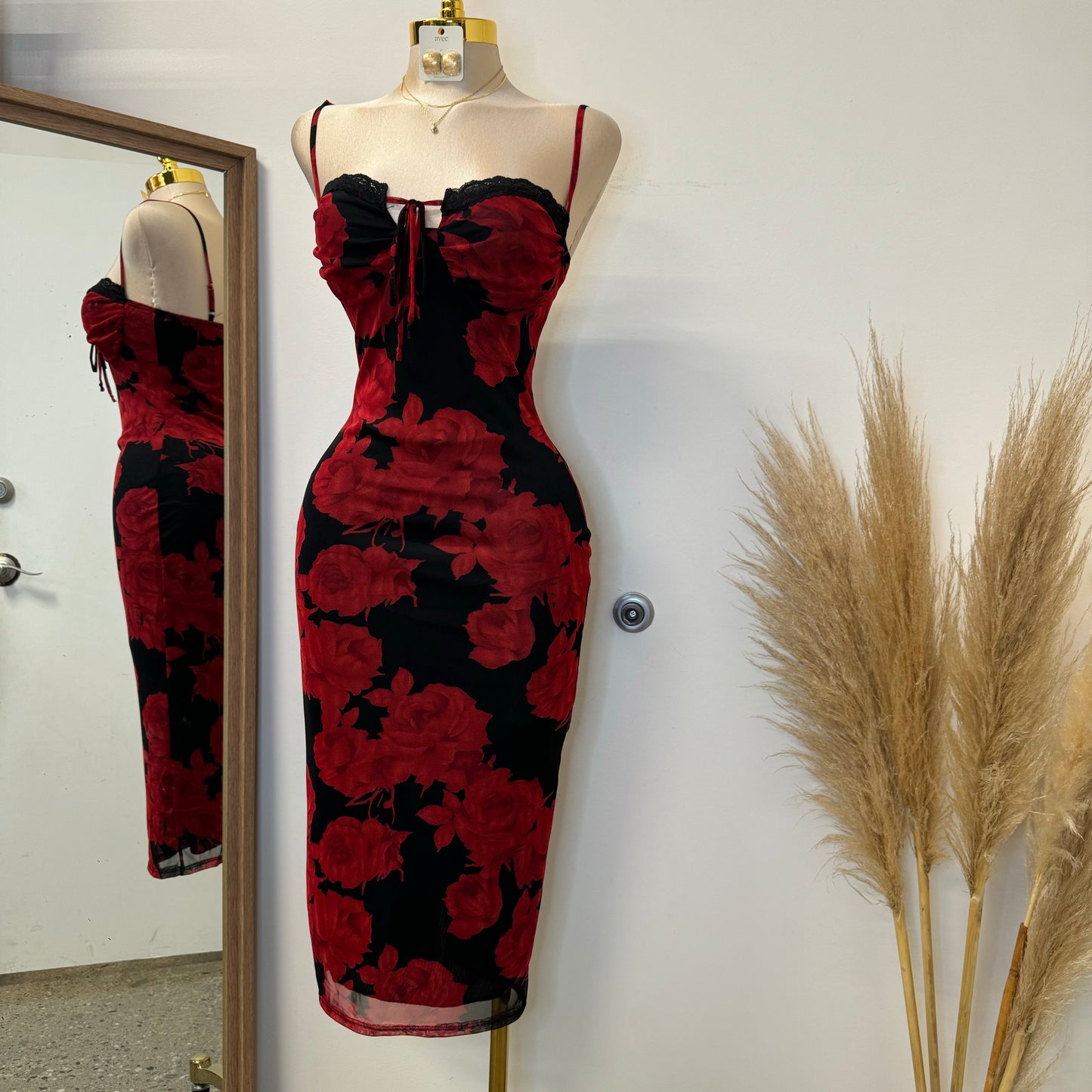 Rose Mesh Spaghetti Dress-Black/Red