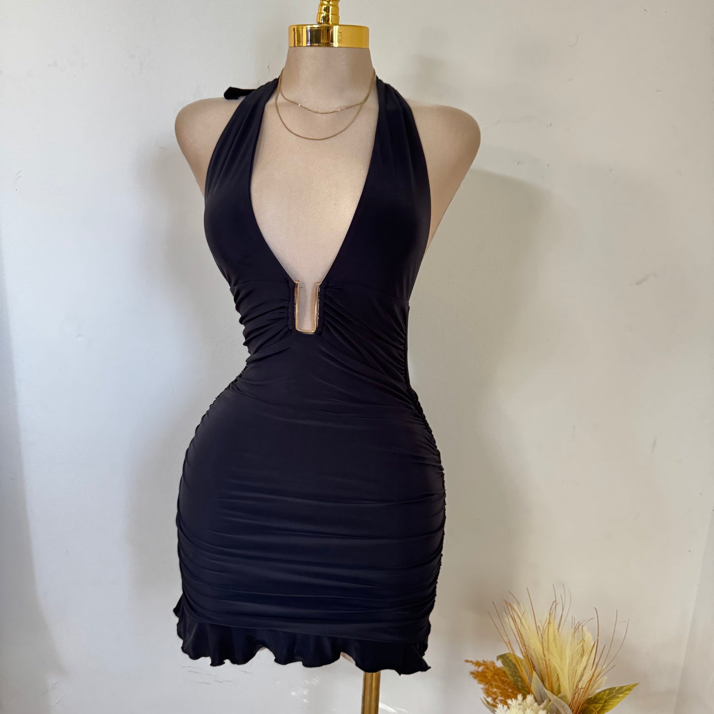 Sleeveless Halter Mini Dress-Black