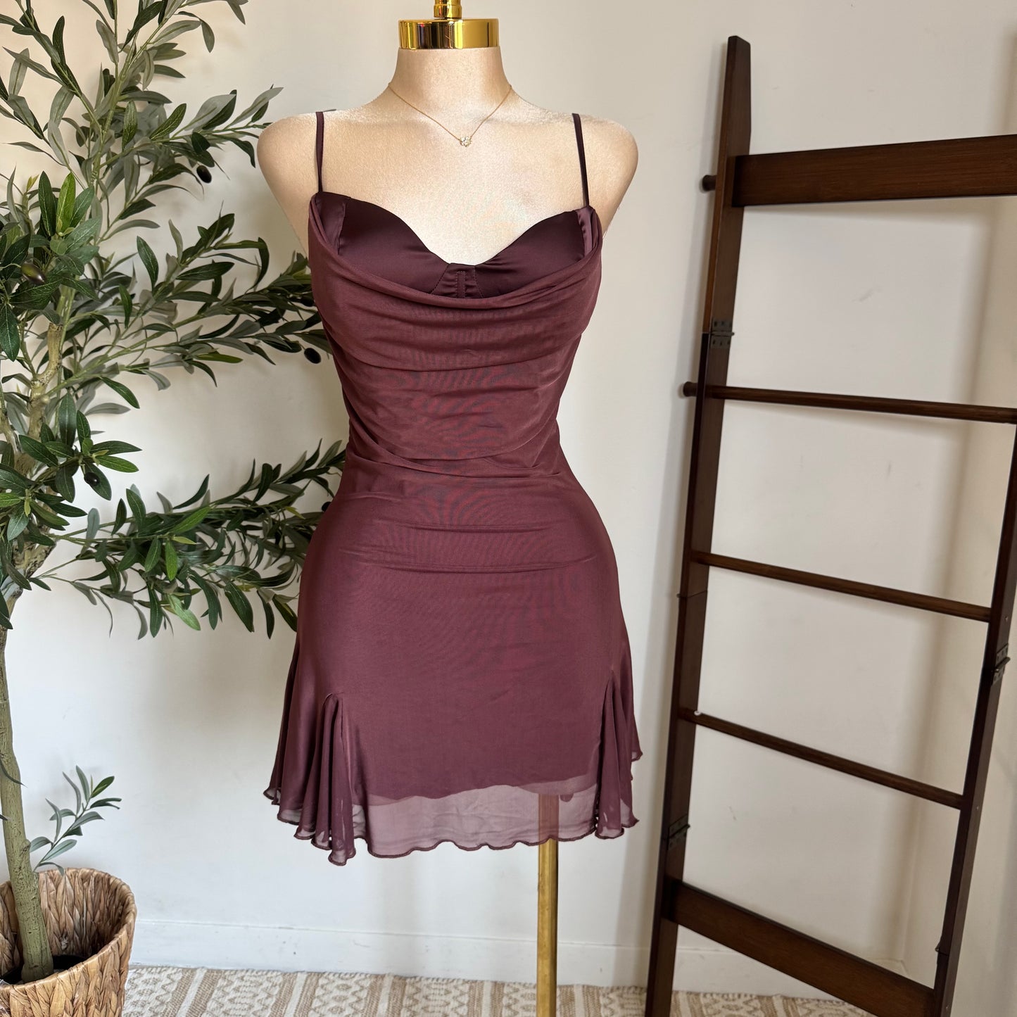 Mesh Mini Dress-Brown