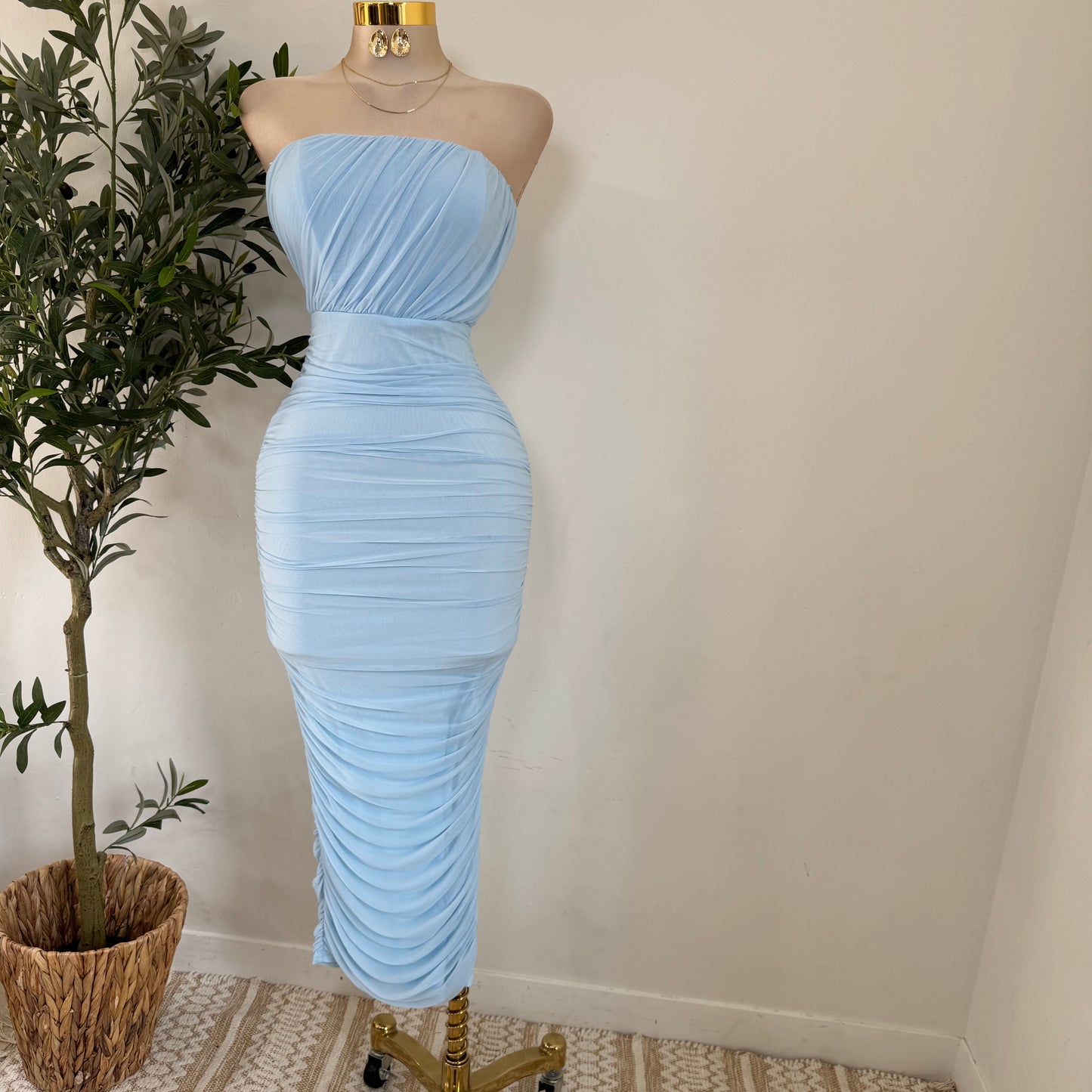 Mesh Off Shoulder Maxi Dress-Baby Blue