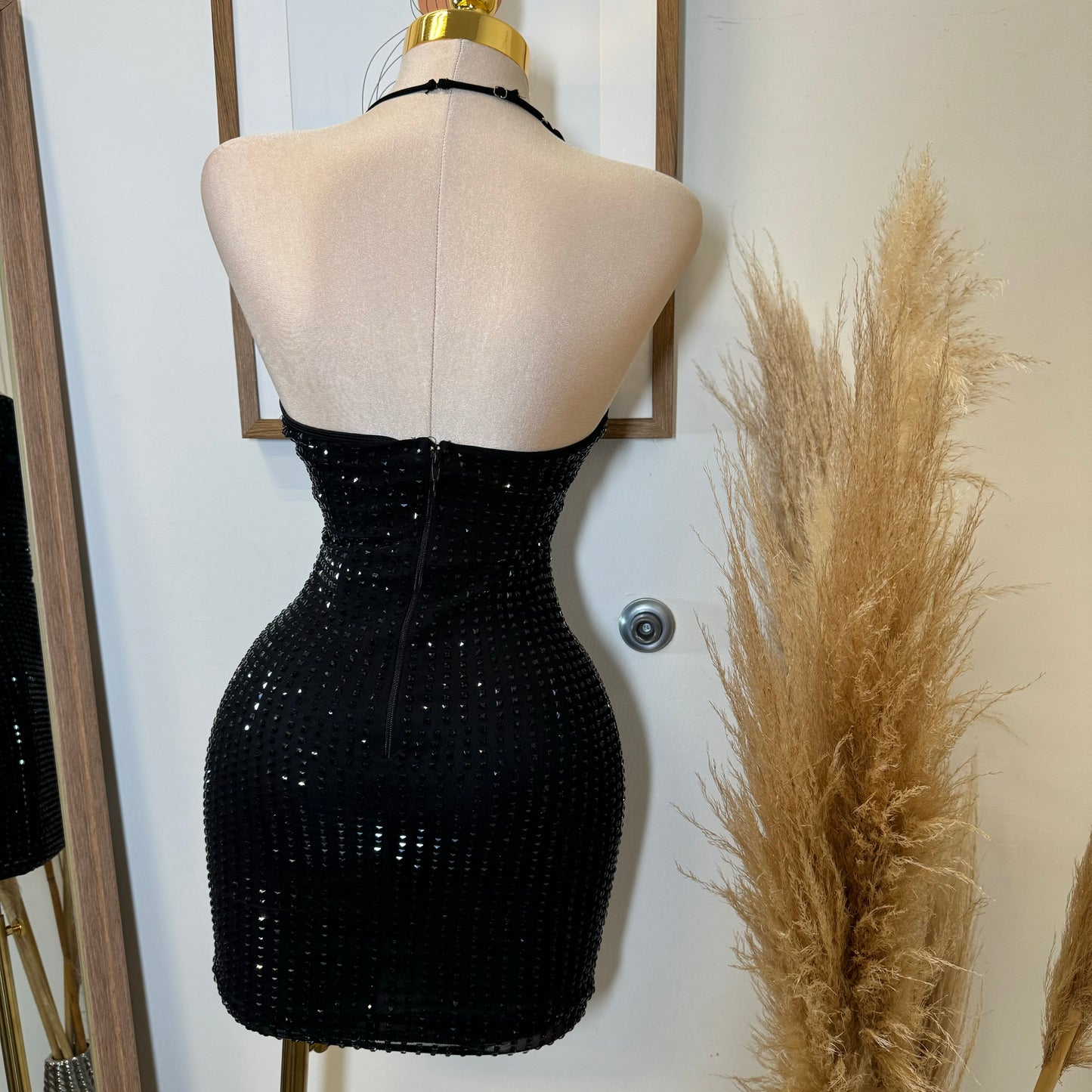 Vegas Rhinestone Halter Dress-Black