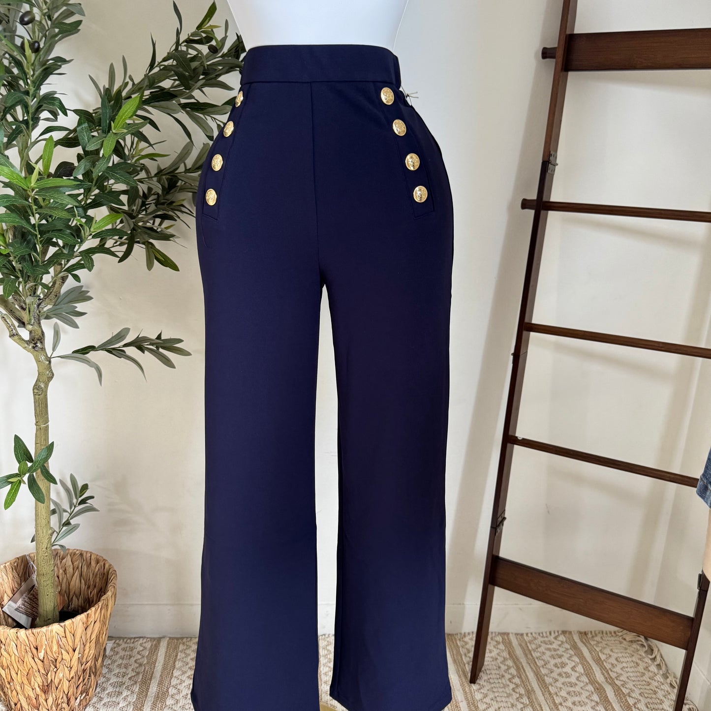 High waisted Dressy Pants with Buttons on the Side-Navy