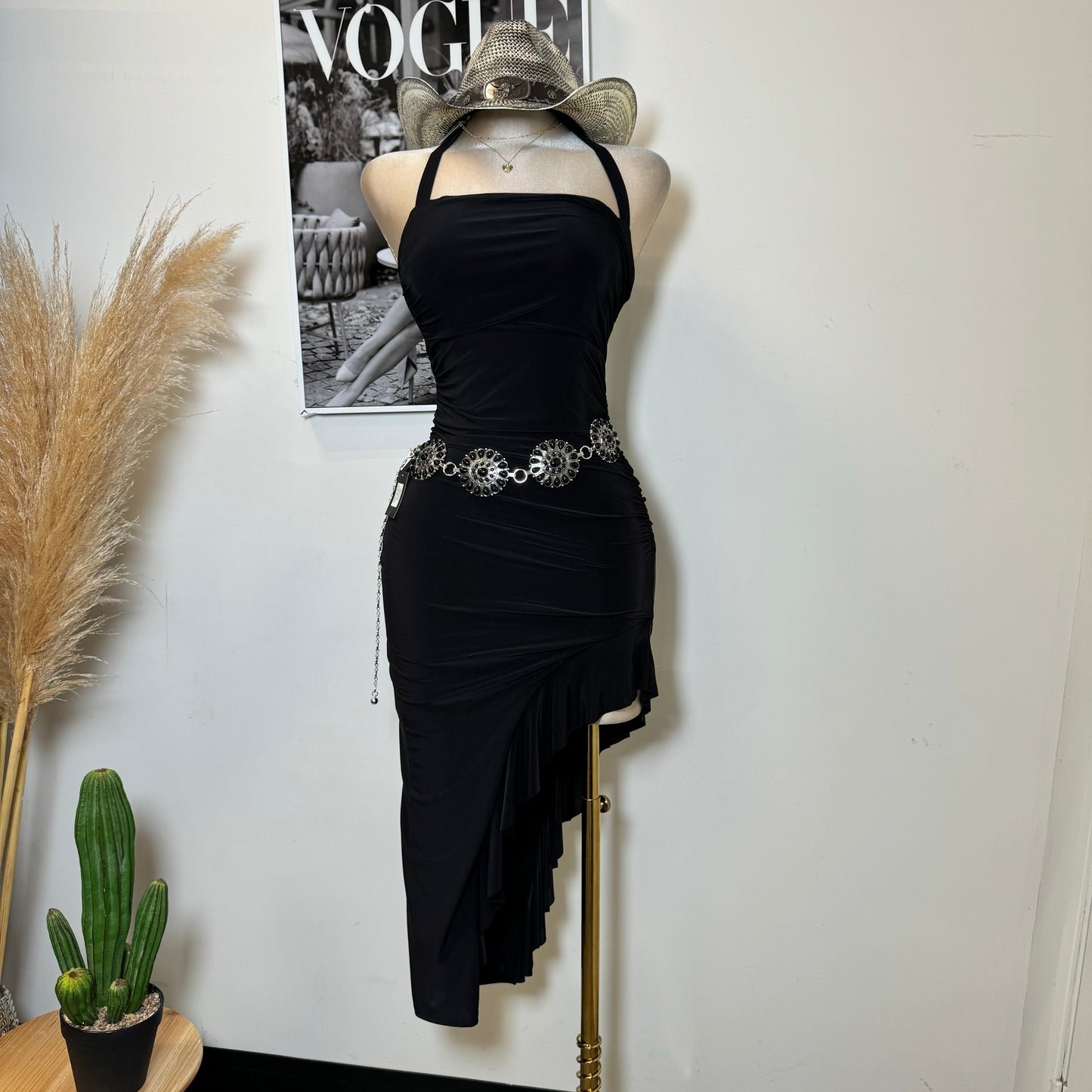 Halter Asymmetrical Dress-Black