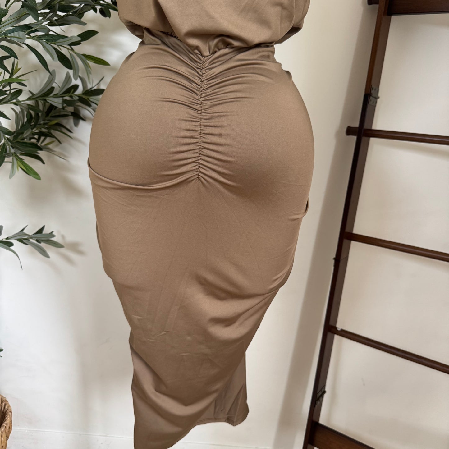 Ruched Elegance Draped Midi Dress-Mocha