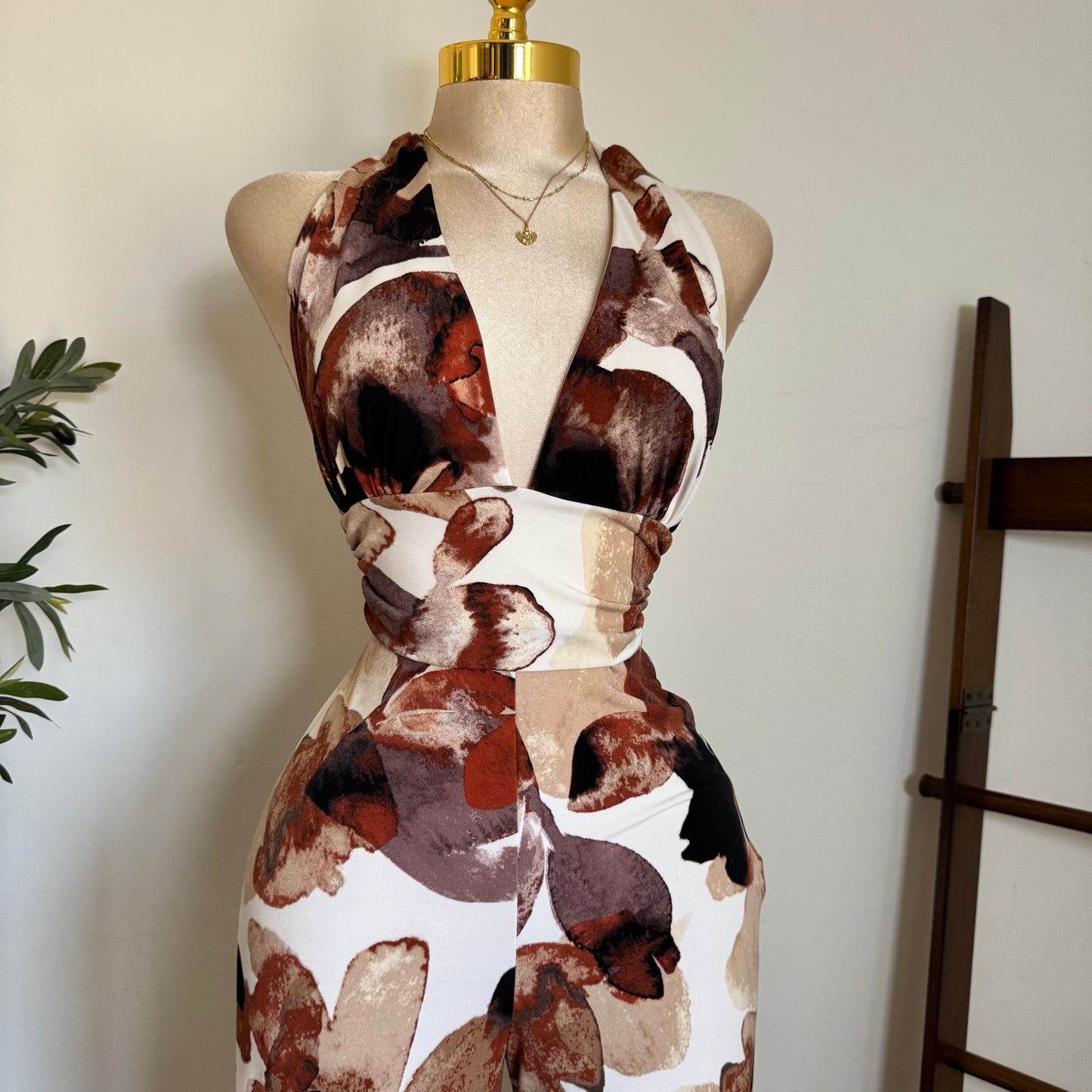 Halter Jumpsuit-Burgundy/Brown