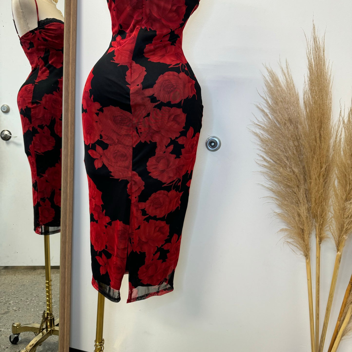 Rose Mesh Spaghetti Dress-Black/Red