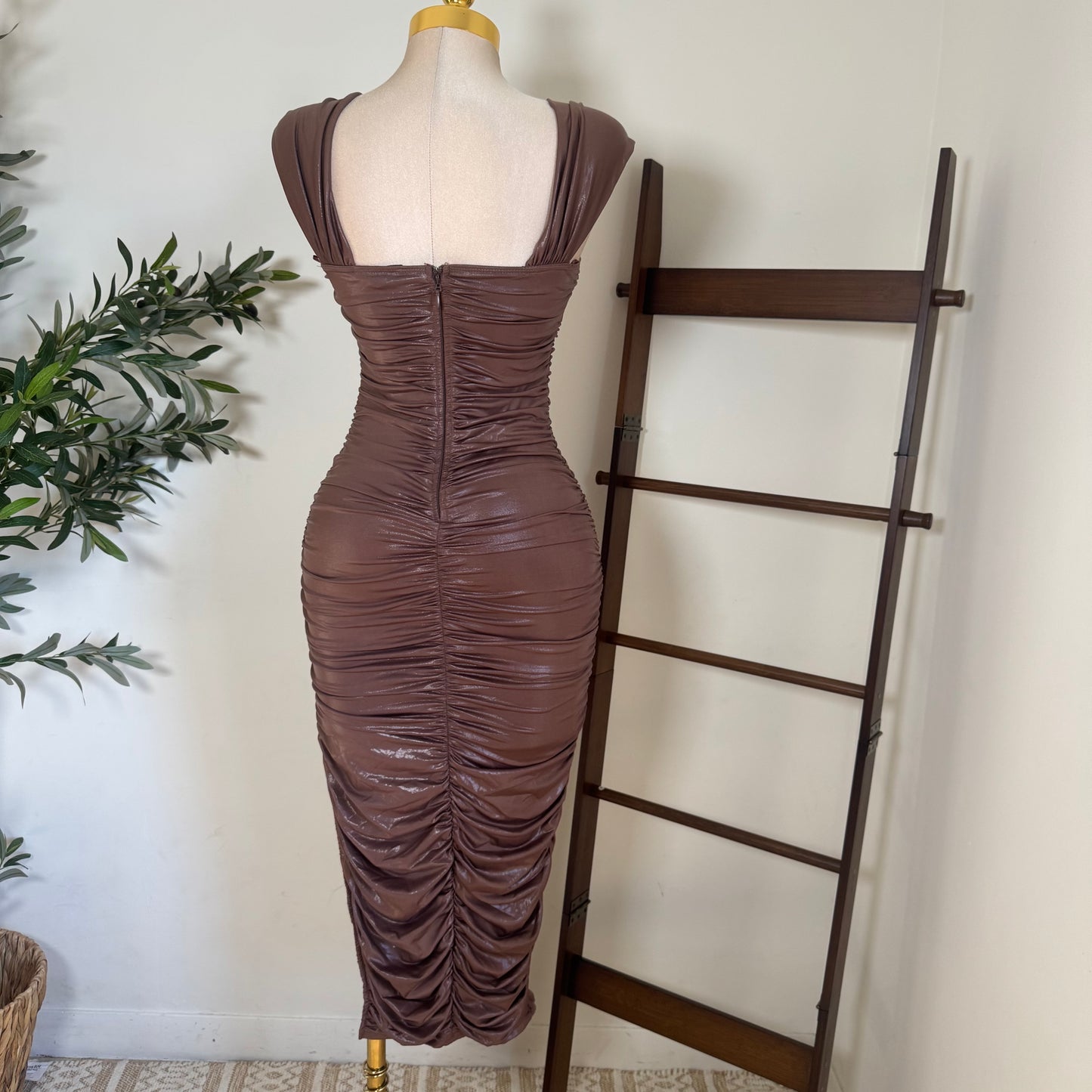 Off Shoulder Bustier Ruching Side slit Mini Dress-Mocha