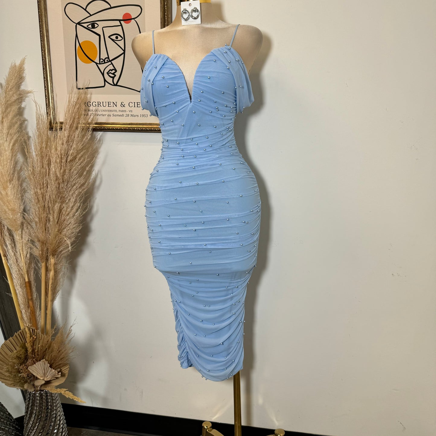 Aria Pearl Midi Dress- Baby Blue