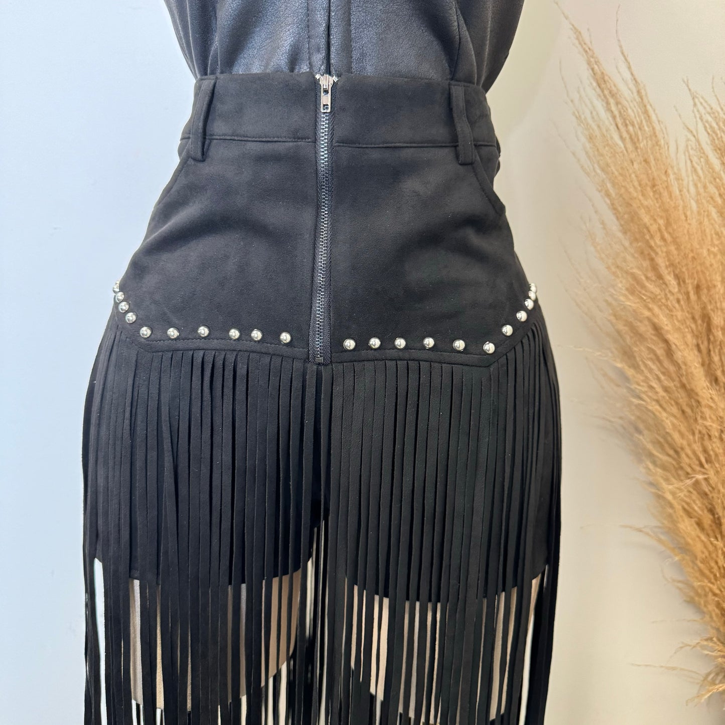 Fringe Stud Suede Shorts-Black