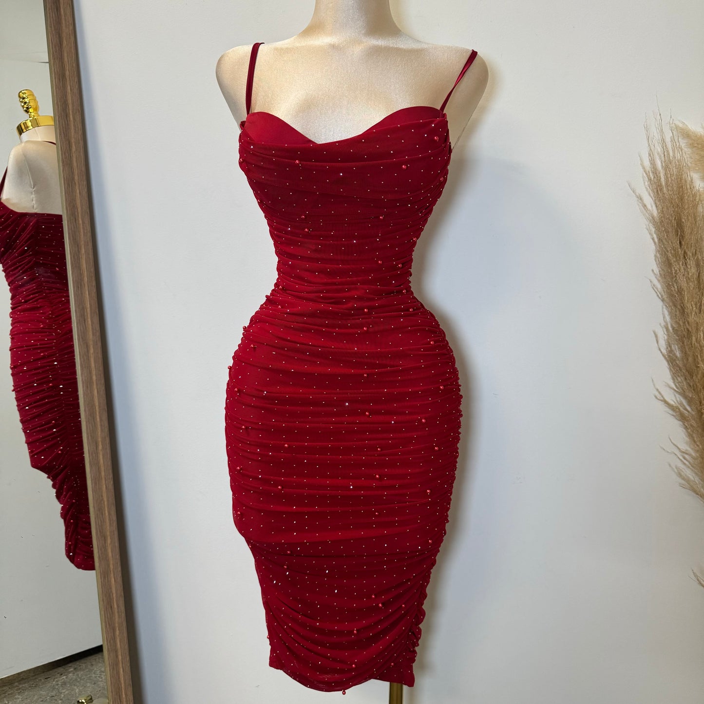 Capri Rhinestone Midi Dress-Red