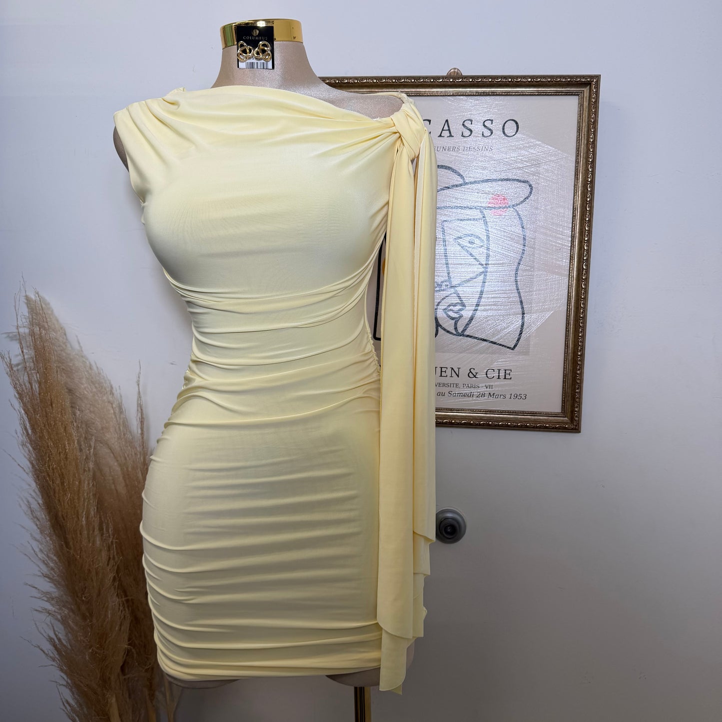 Off Shoulder Ruched Side Tie Mini Dress-LT Yellow