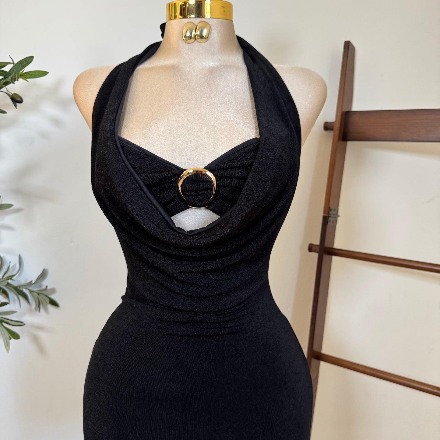 Cowl Halter Dress -Black