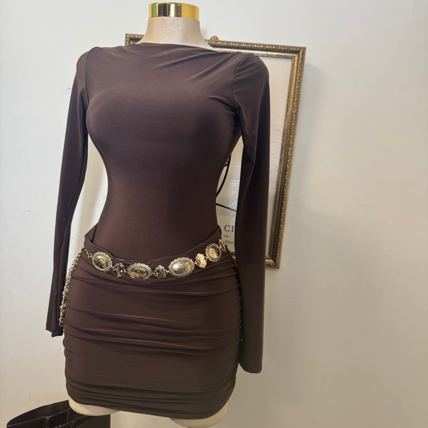 Long Sleeve Ruched Mini Dress-Brown