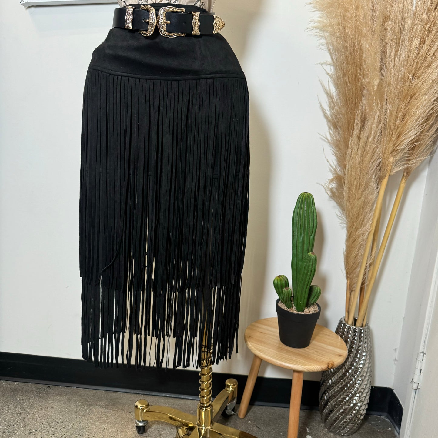 Tiered Fringe Midi Skirt Faux Suede-Black