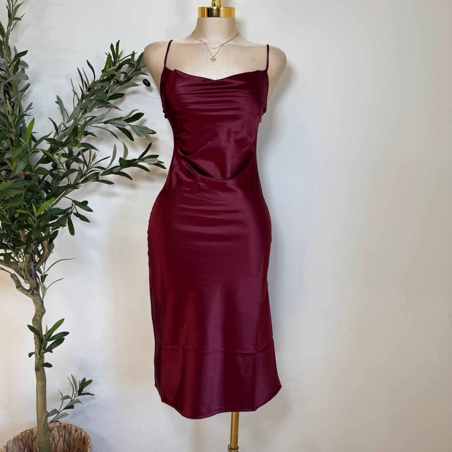 Satin Mermaid Midi Dress-Burgundy
