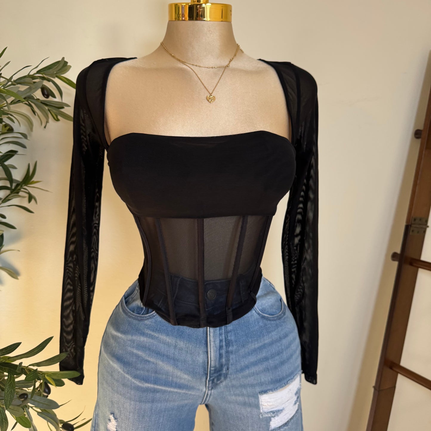 Mesh Long Sleeve Top-Black