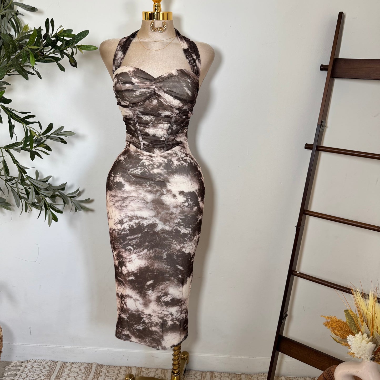 Halter Corset Ruching Midi Dress-Brown