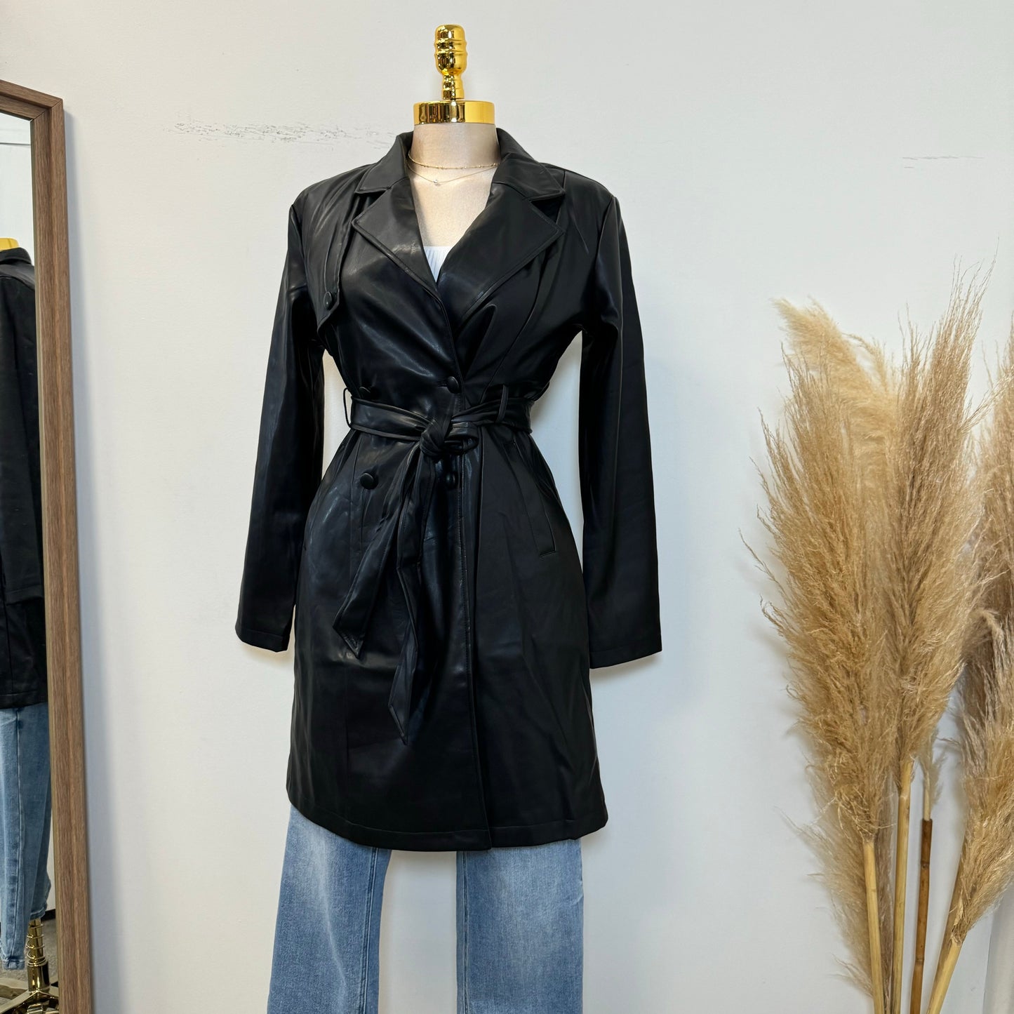 PU double Breasted Belted Trench Coat-Black