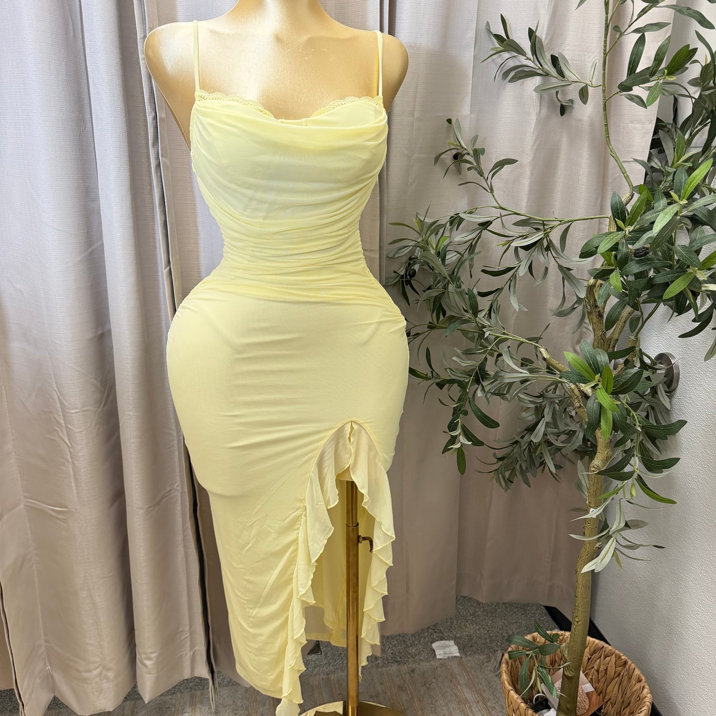 Mesh draped Slit Midi Dress-butter yellow