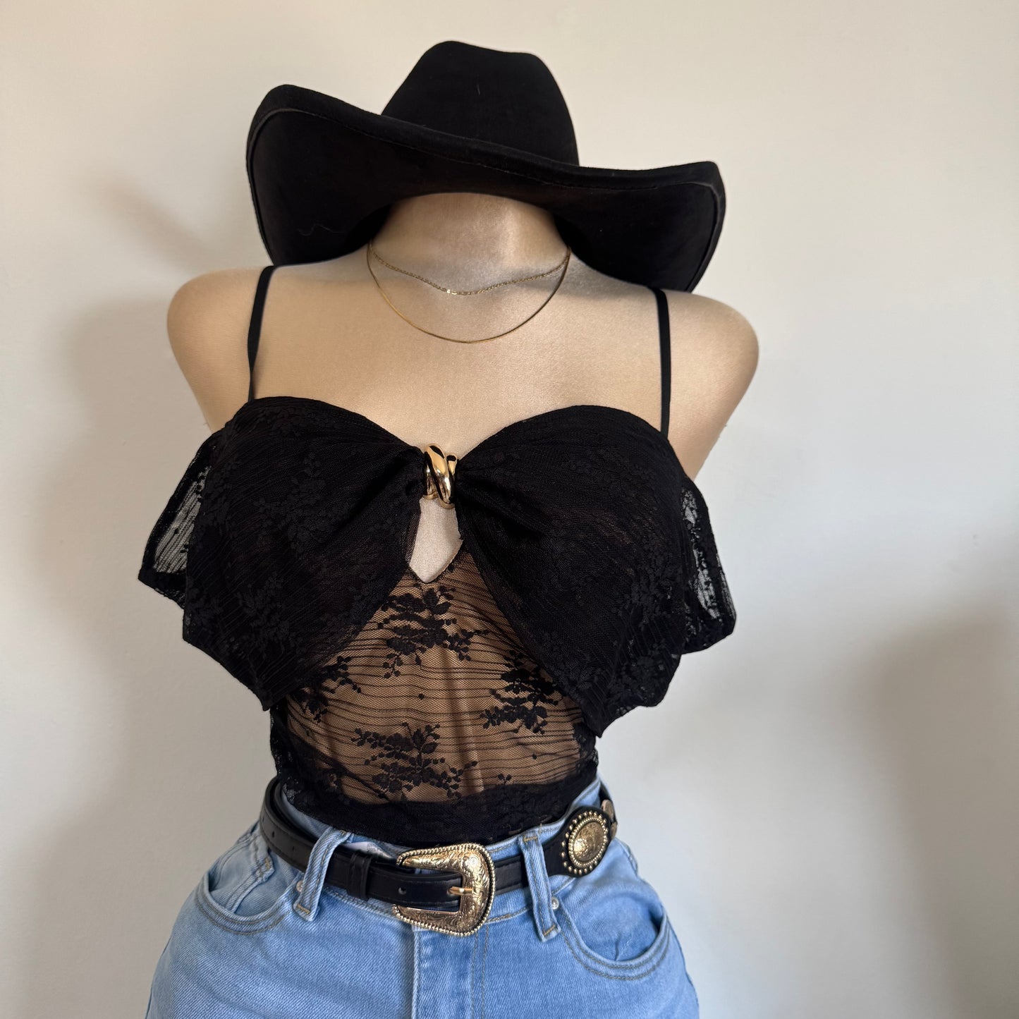 Lace Gold Trim Inset Off shoulder bodysuit-Black