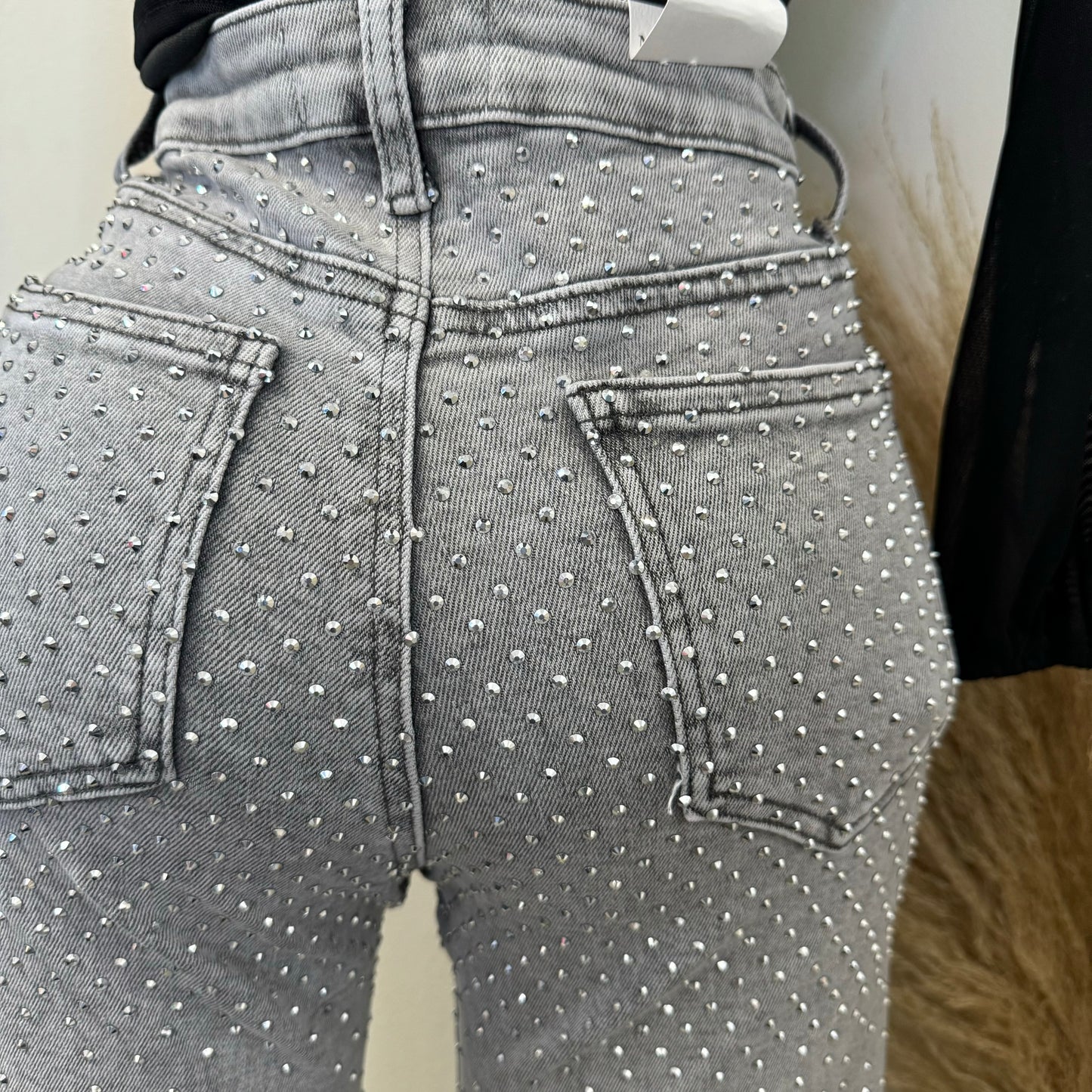 All Rhinestone Pants-Gray