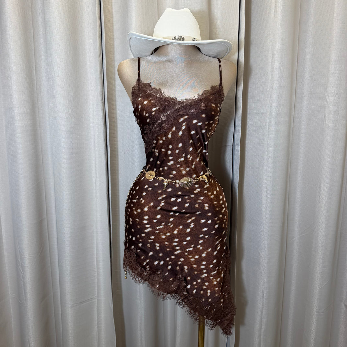 Bambi Print Asymmetrical Satin Lace detail dress-Print/brown