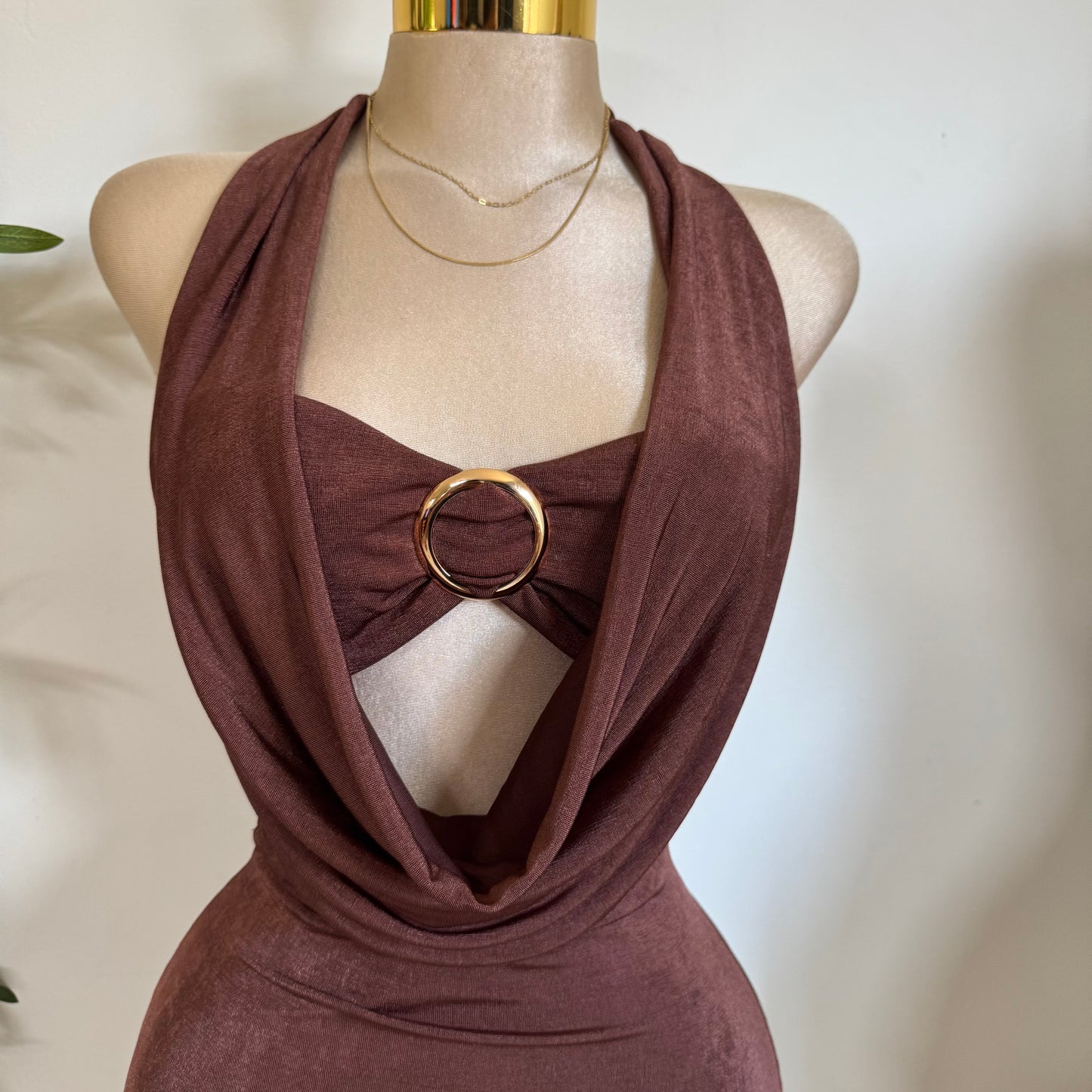 Cowl Halter Dress -Brown