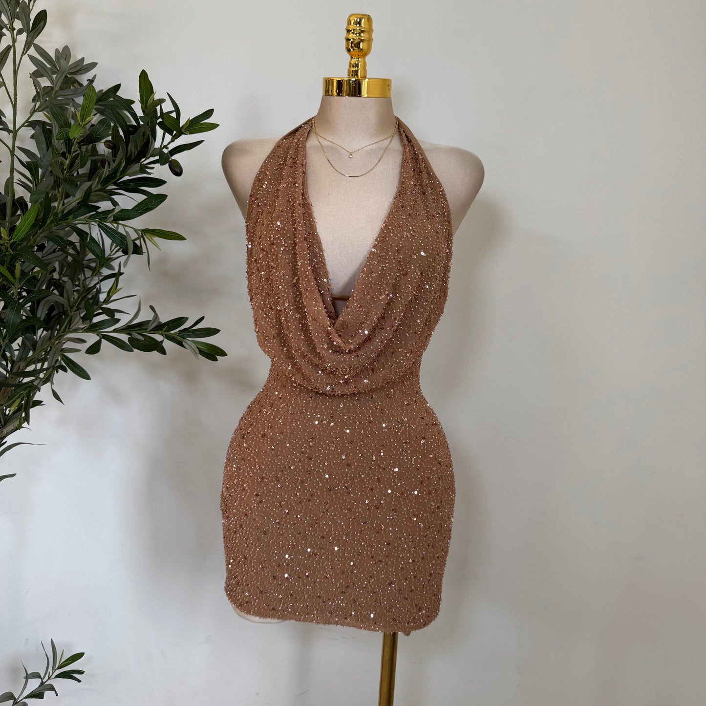 Cowl Sequins Dress-Mocha