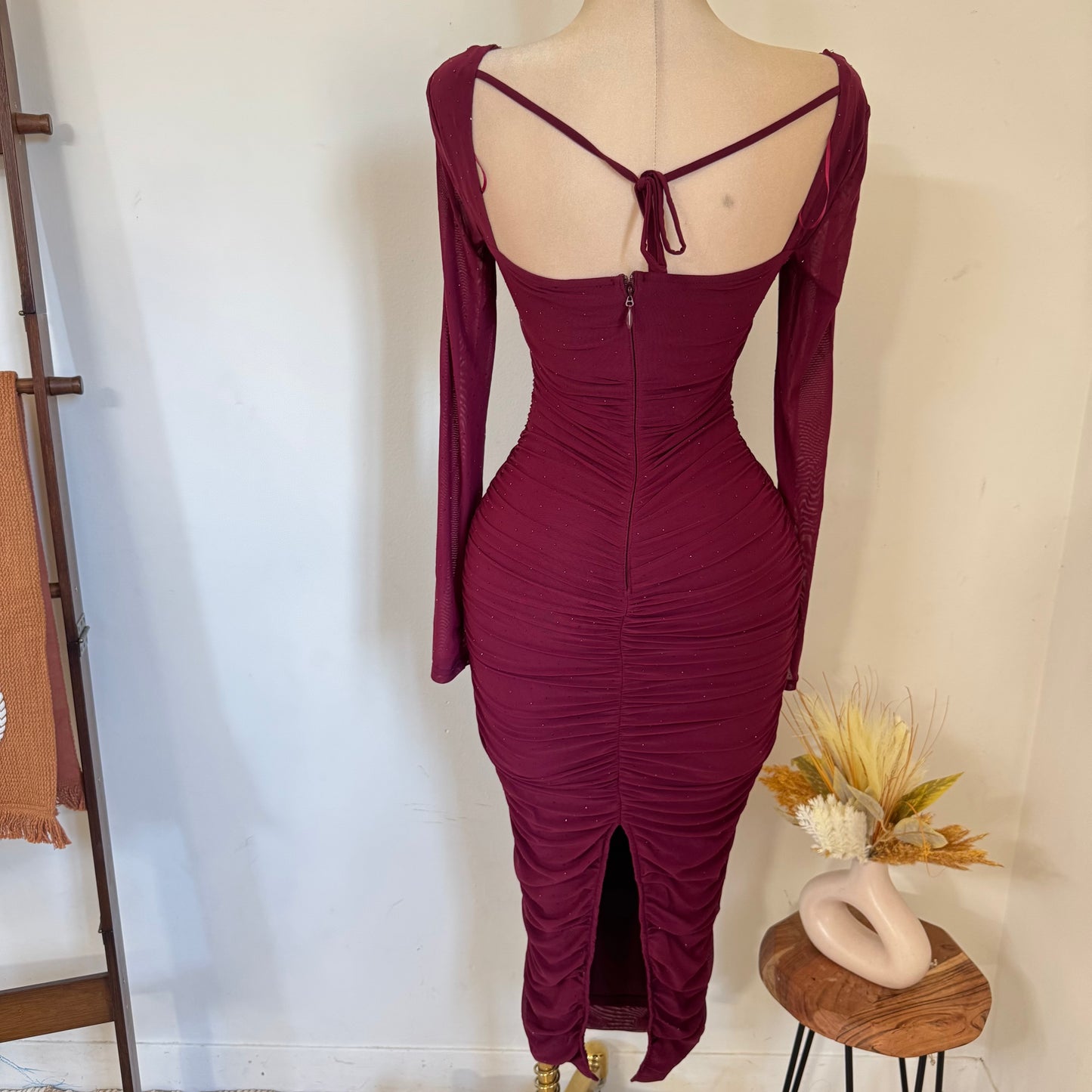 Sweet Heart Long Sleeve Rucing Rhinestone Midi Dress- Burgundy