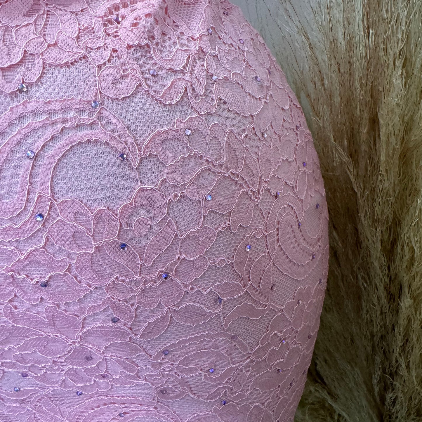 Bow Lace Rhinestone Dress-Pink