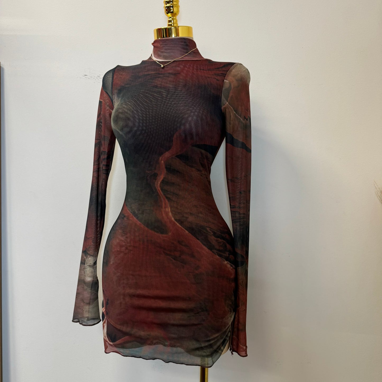 TORY Mesh Long Sleeve Dress-Multi Burgundy