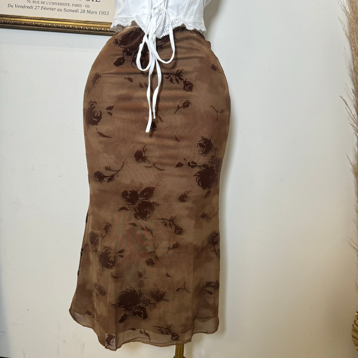 Midi Flower Print Mesh Skirt -Brown