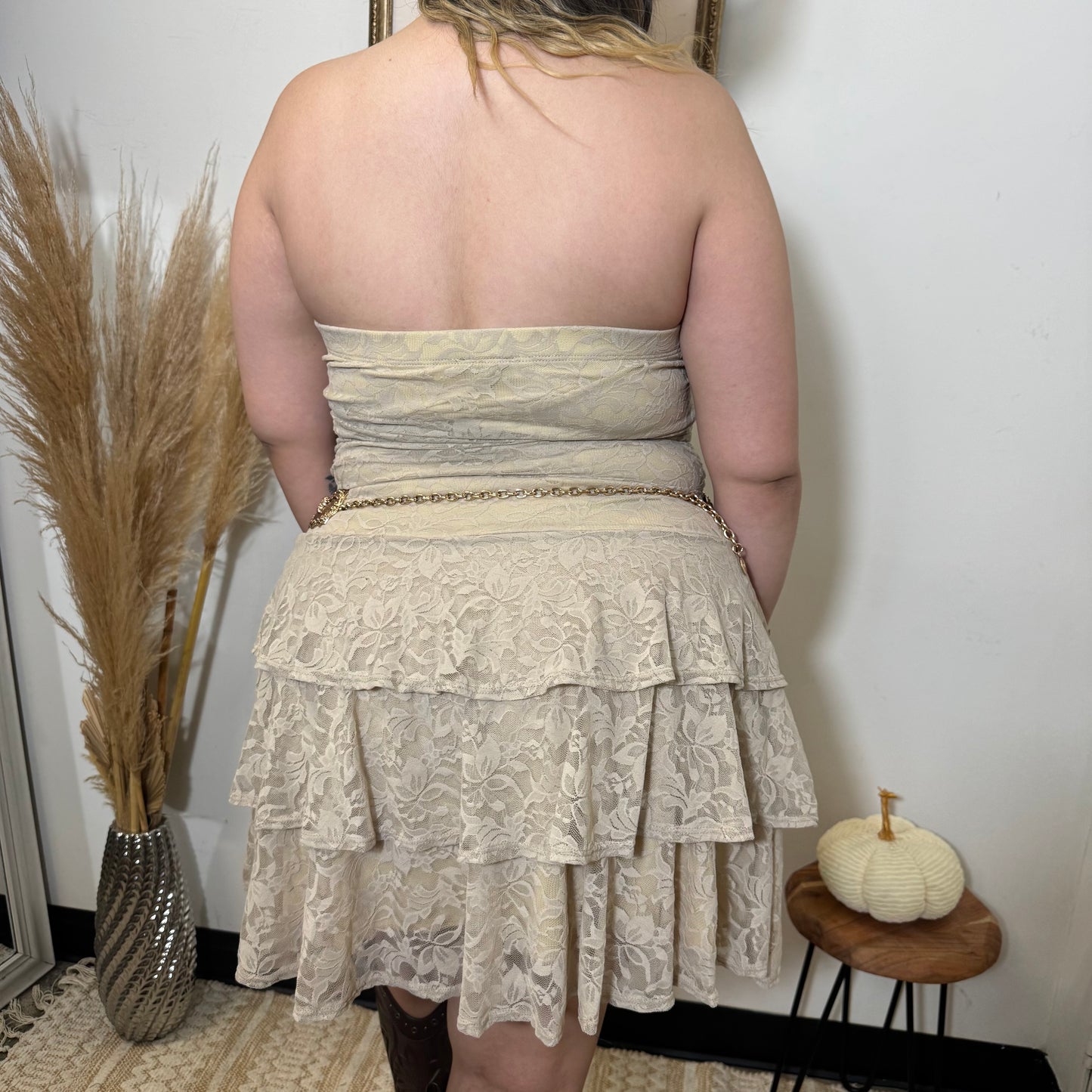 Ruched Ruffle Lace Tube Dress-Cream