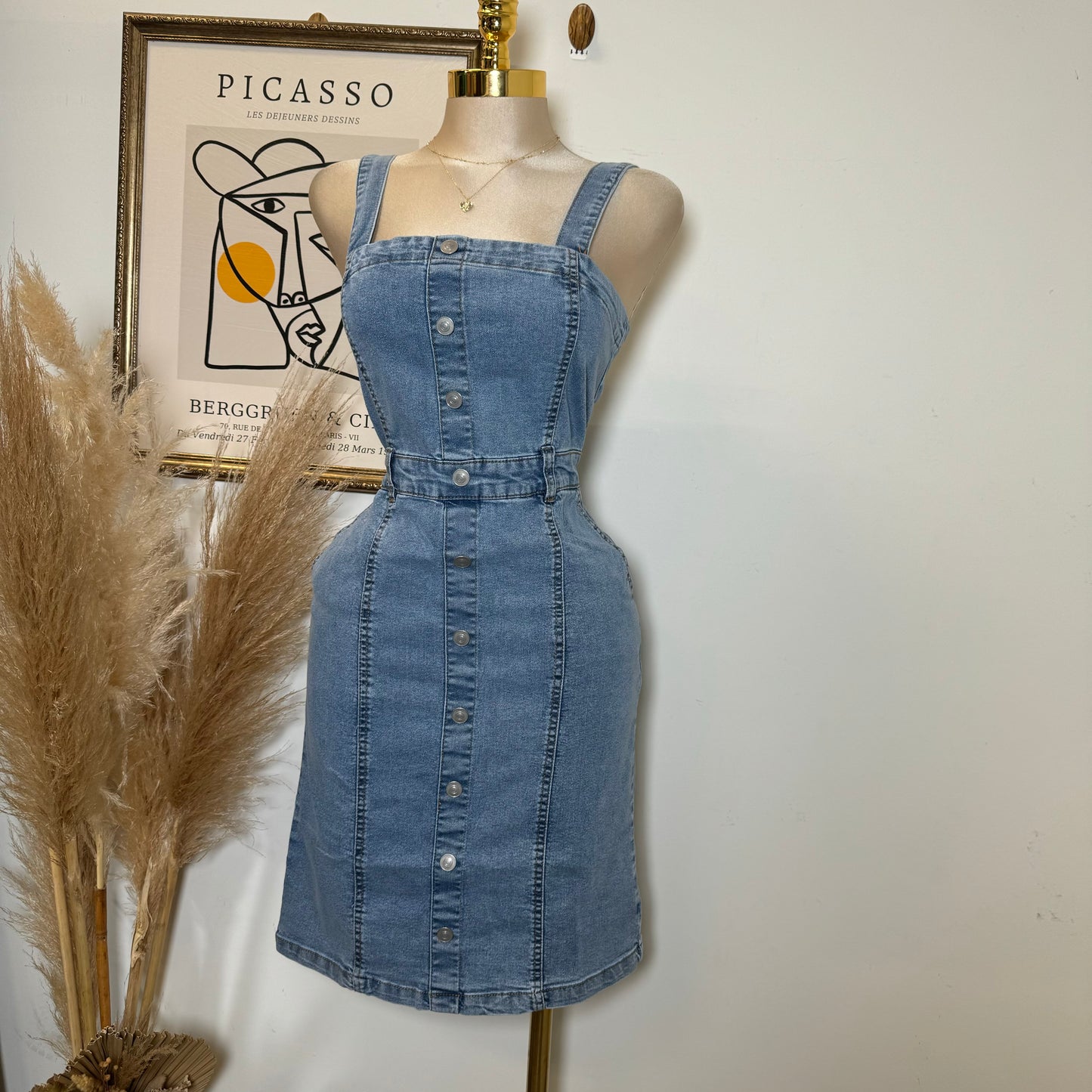 Button Down Placket Denim Dress-Lt Blue