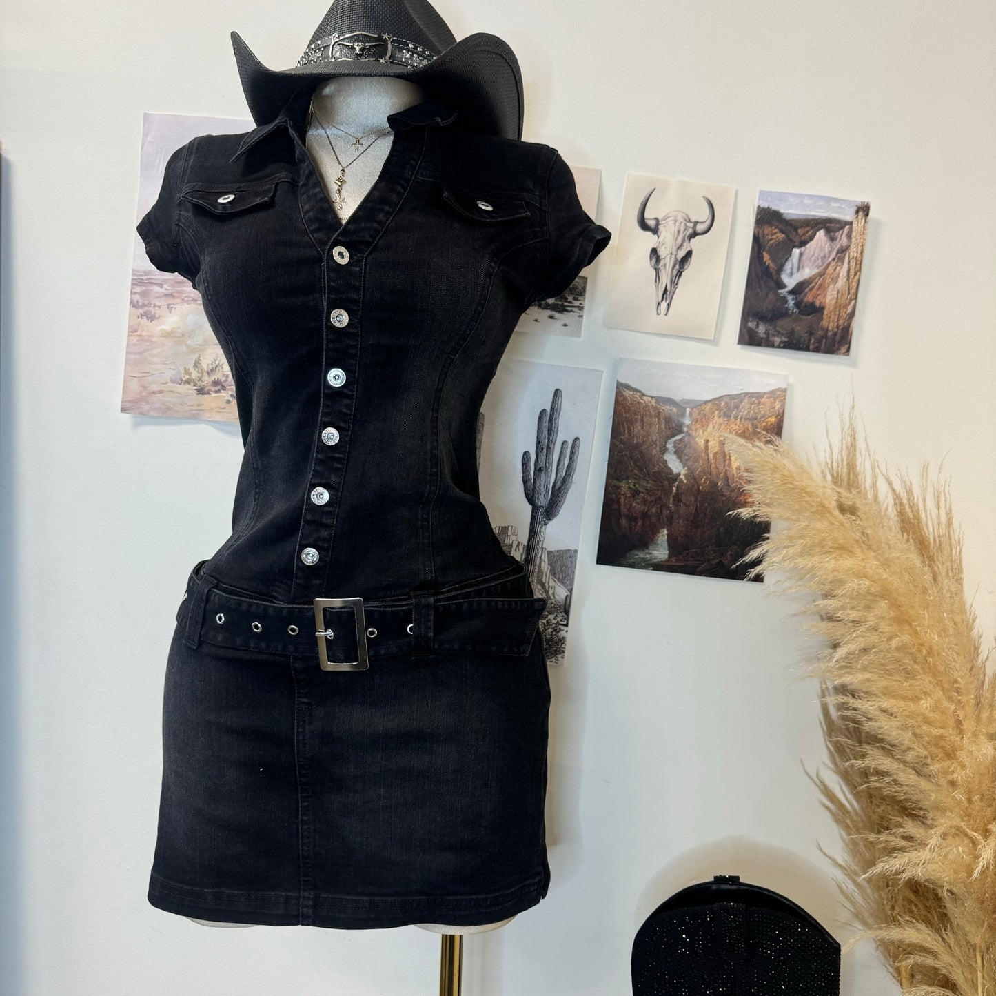 Denim Belt Mini Dress-Black