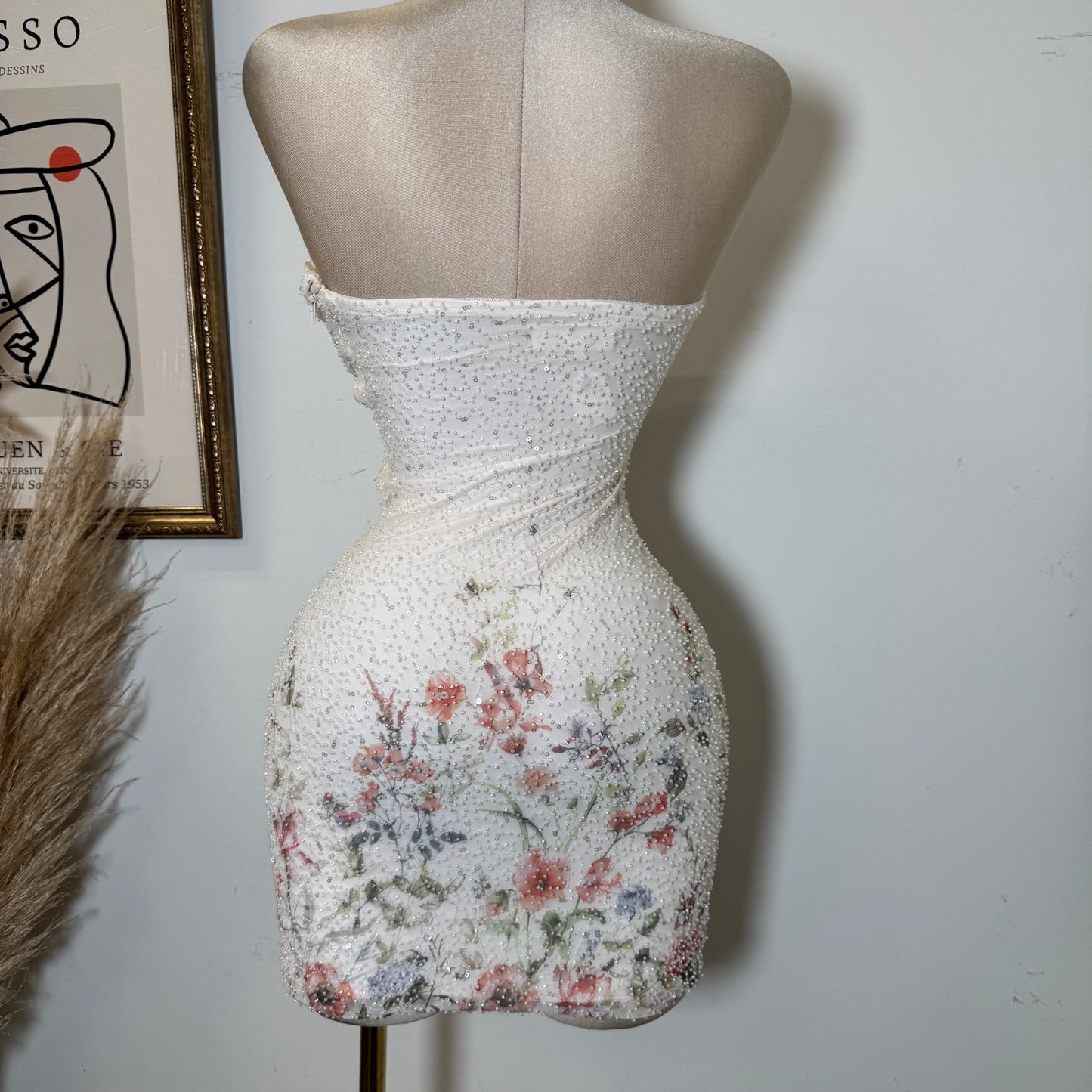 Mesh with Beads Floral Print Tube Dress