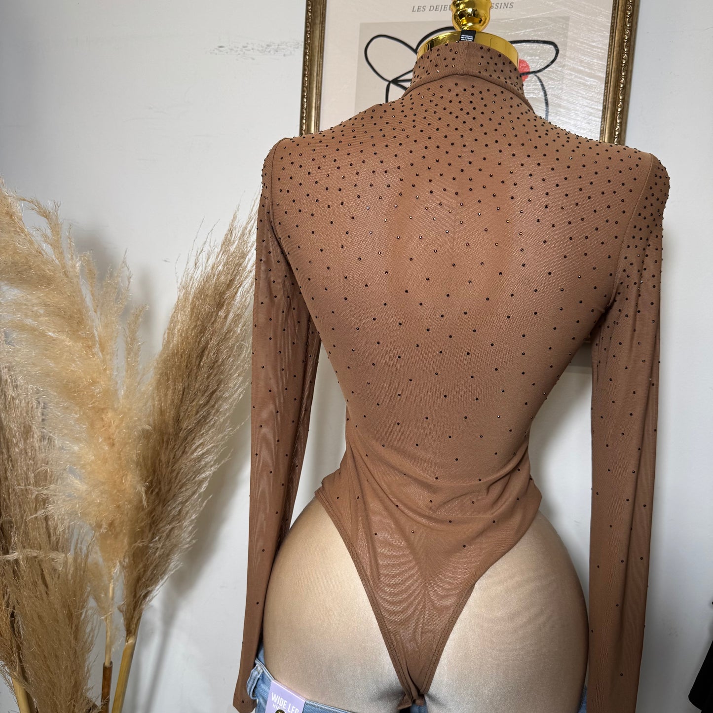 Chic Rhinestone Embellished Mock Neck Bodysuit Top-Mocha