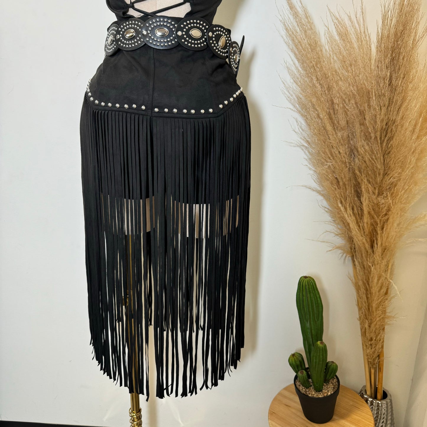 Fringe Stud Suede Shorts-Black