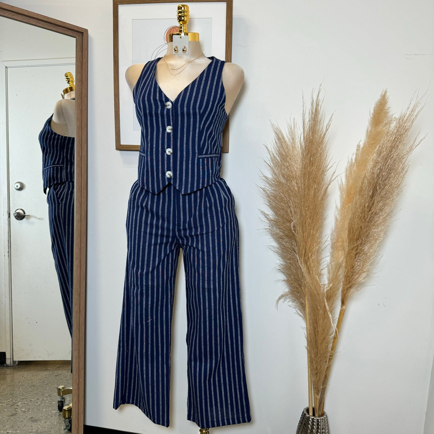 Beli Stripes Linen Pant Set-Navy