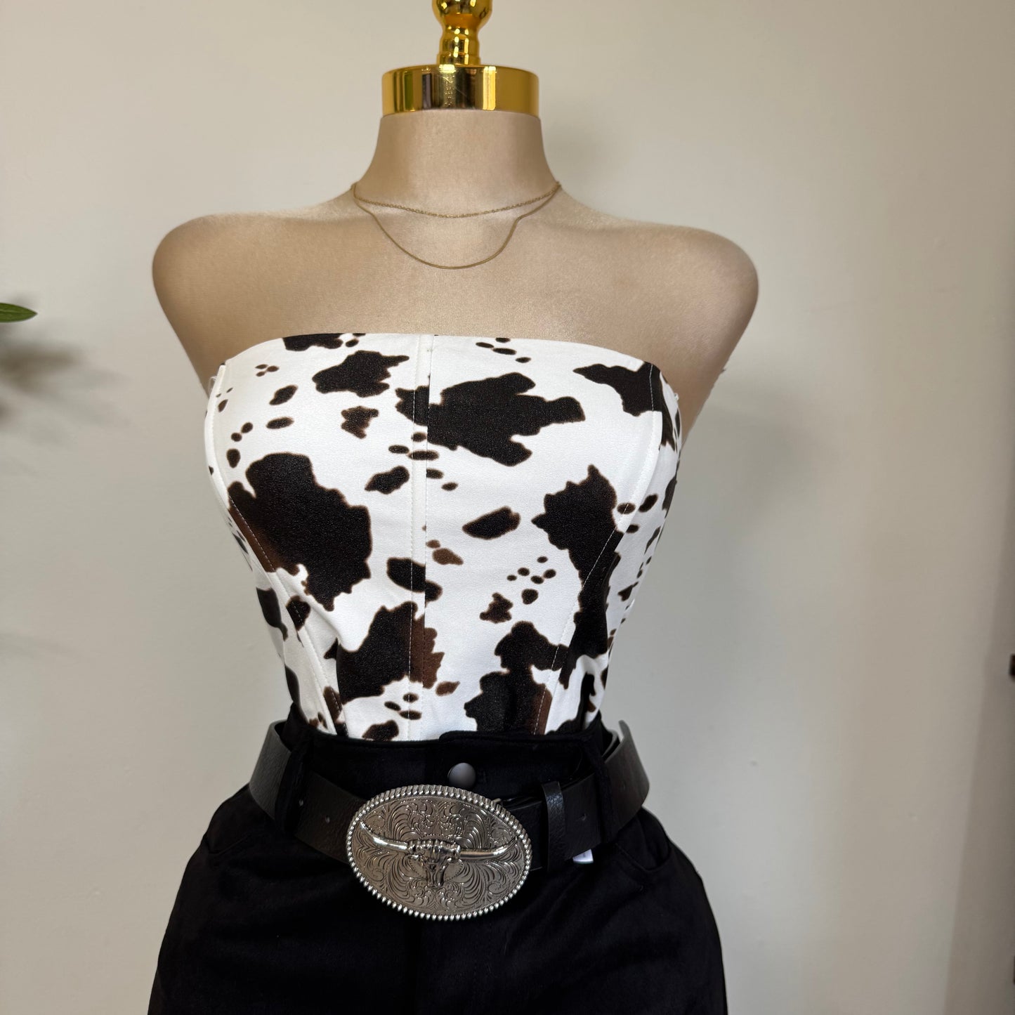 Strapless Cow Print Suede Corset Top