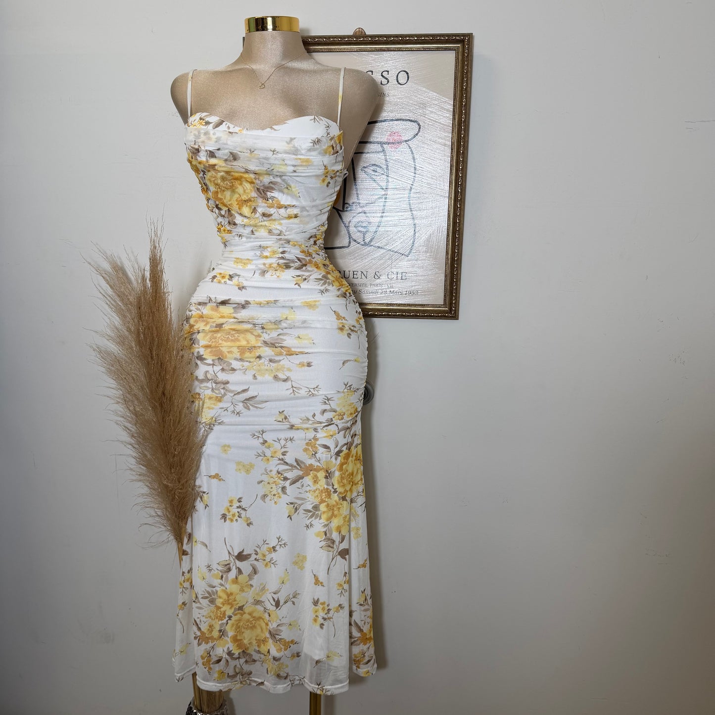Mesh Print Midi Dress-Yellow Floral